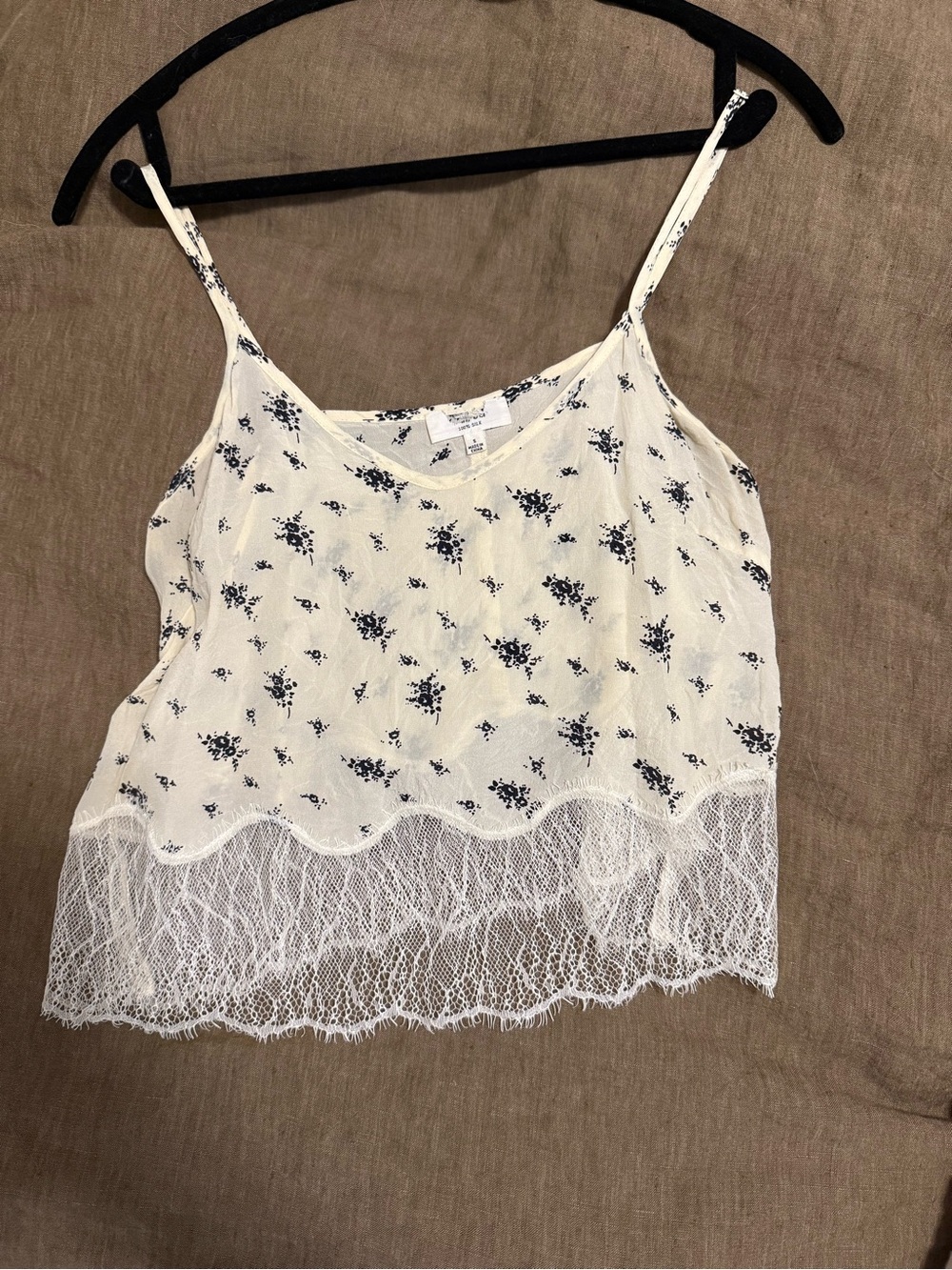 Floral Lace Trim Cami Tank Top - Cream with Navy Print